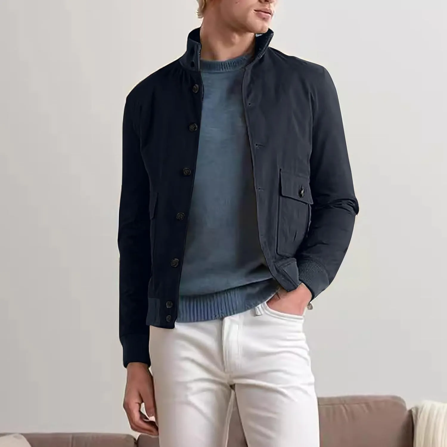 Finelylove Mens Button Down Bomber Jacket Heavyweight Warm Wool Blend Short Jacket Casual Solid Fall Winter Outwear Coat