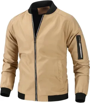 Finelylove Mens Lightweight Bomber Jacket Active Zipper Flight Jackets Long Sleeve Casual Fall Outwear Coat with Pockets