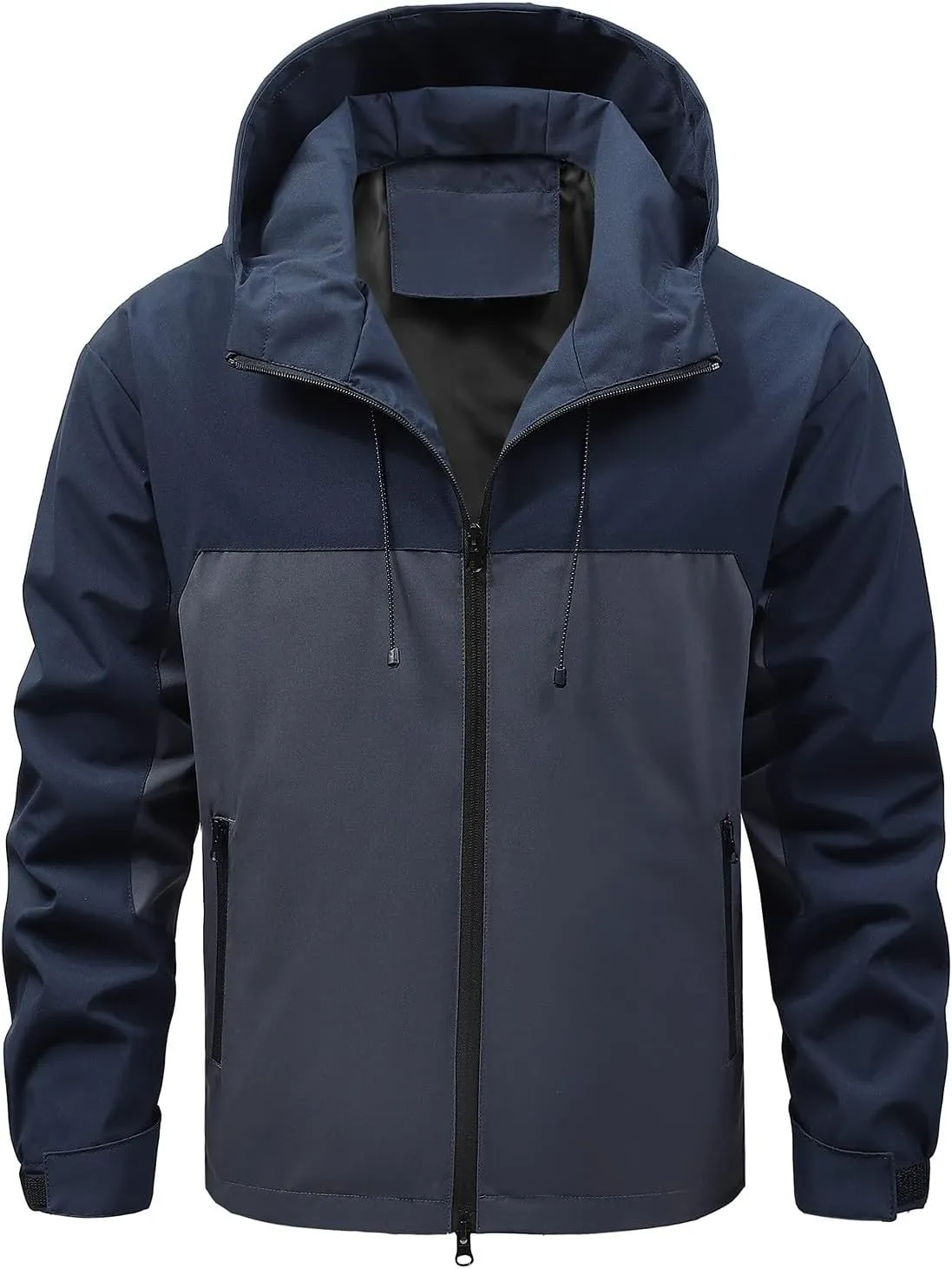 Finelylove Mens Lightweight Rain Jacket Waterproof Outdoor Hooded Raincoat Patchwork Hiking Travel Softshell Windbreaker