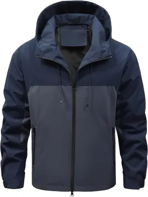 Finelylove Mens Lightweight Rain Jacket Waterproof Outdoor Hooded Raincoat Patchwork Hiking Travel Softshell Windbreaker