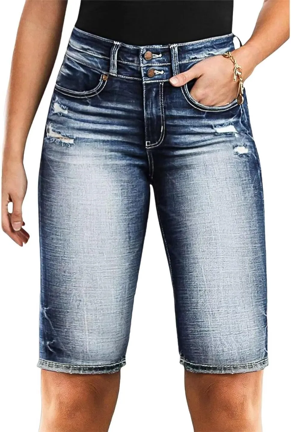 Flamingals Women's Distressed Ripped Denim Straight Leg Shorts Shorts with Pockets Button Fly Boyfriend Shorts