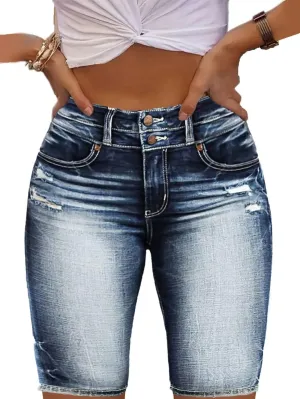 Flamingals Women's Distressed Ripped Denim Straight Leg Shorts Shorts with Pockets Button Fly Boyfriend Shorts