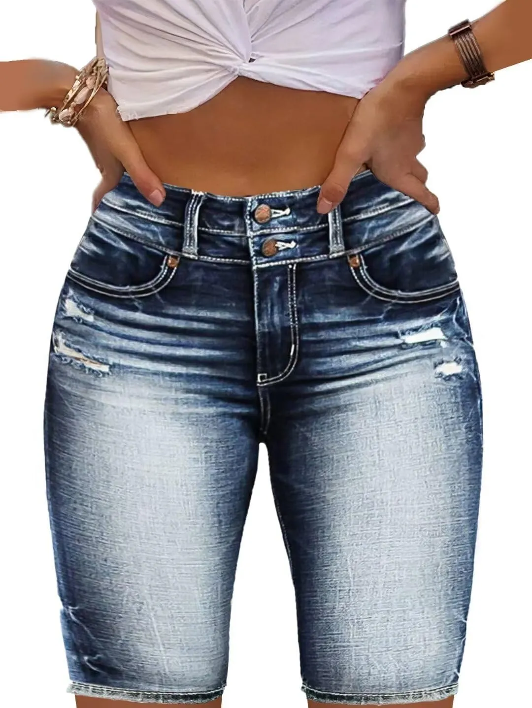 Flamingals Women's Distressed Ripped Denim Straight Leg Shorts Shorts with Pockets Button Fly Boyfriend Shorts