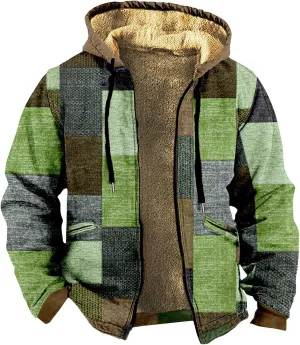 Fleece Jacket Men Vintage Aztec Ethnic Print Zipper Hoodie Plus Size Western Warm Heavyweight Sherpa Lined Coat