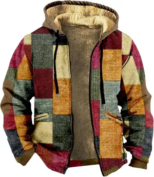 Fleece Jacket Men Vintage Aztec Ethnic Print Zipper Hoodie Plus Size Western Warm Heavyweight Sherpa Lined Coat