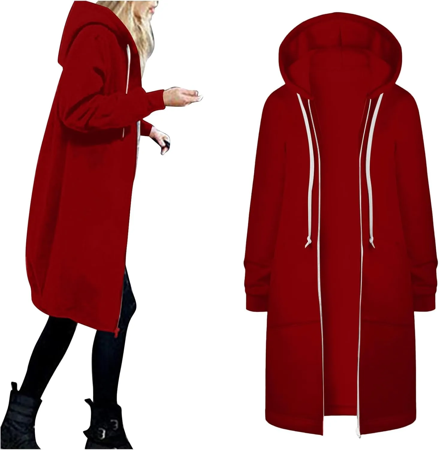 Fleece Jacket Women Long Hoodie Casual Zip Up Drawstring Hooded Sweatshirt Oversized Coat Lightweight Fall Clothes