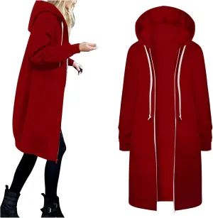 Fleece Jacket Women Long Hoodie Casual Zip Up Drawstring Hooded Sweatshirt Oversized Coat Lightweight Fall Clothes