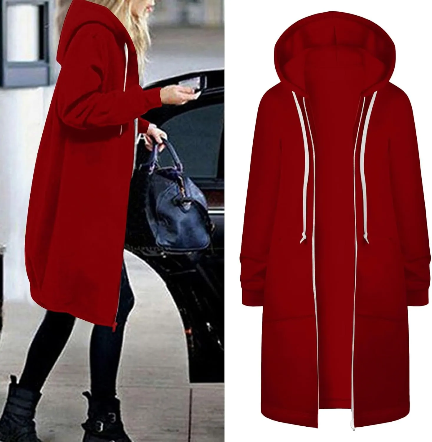 Fleece Jacket Women Long Hoodie Casual Zip Up Drawstring Hooded Sweatshirt Oversized Coat Lightweight Fall Clothes