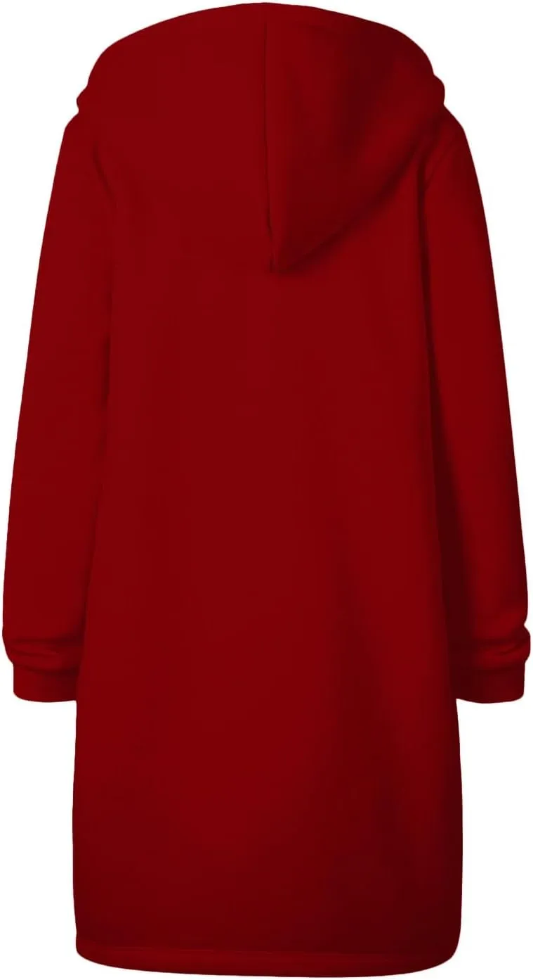 Fleece Jacket Women Long Hoodie Casual Zip Up Drawstring Hooded Sweatshirt Oversized Coat Lightweight Fall Clothes