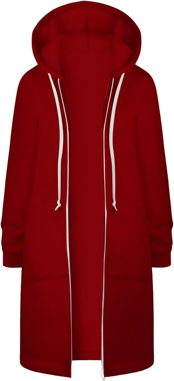 Fleece Jacket Women Long Hoodie Casual Zip Up Drawstring Hooded Sweatshirt Oversized Coat Lightweight Fall Clothes