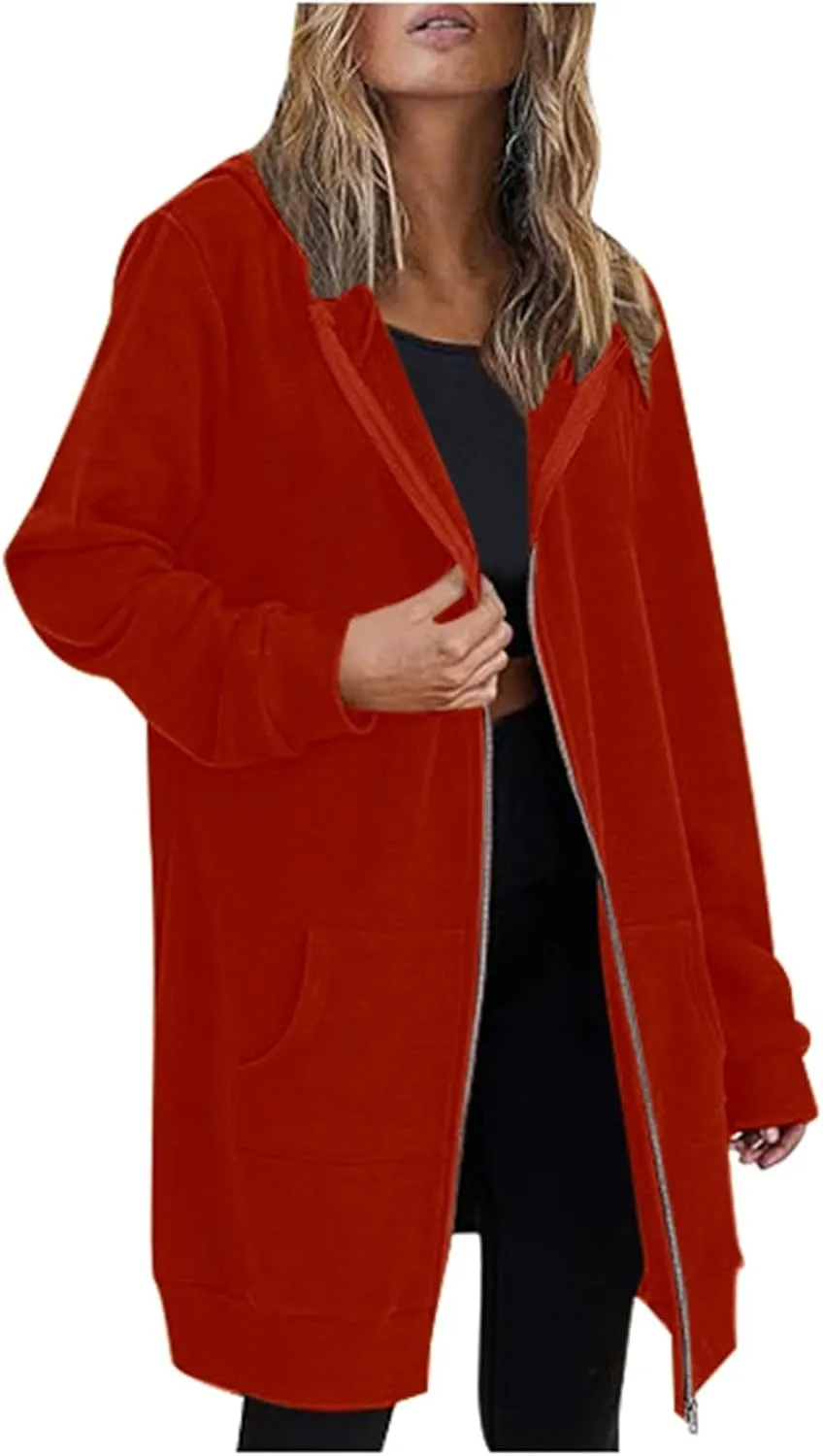 Fleece Jacket Women Long Hoodie Casual Zip Up Drawstring Hooded Sweatshirt Oversized Coat Lightweight Fall Clothes