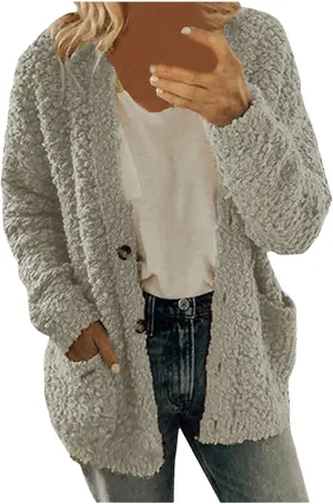 fleece jacket women Women Casual Plus Size Plush Sweater Pockets Outerwear Buttons Cardigan Coat