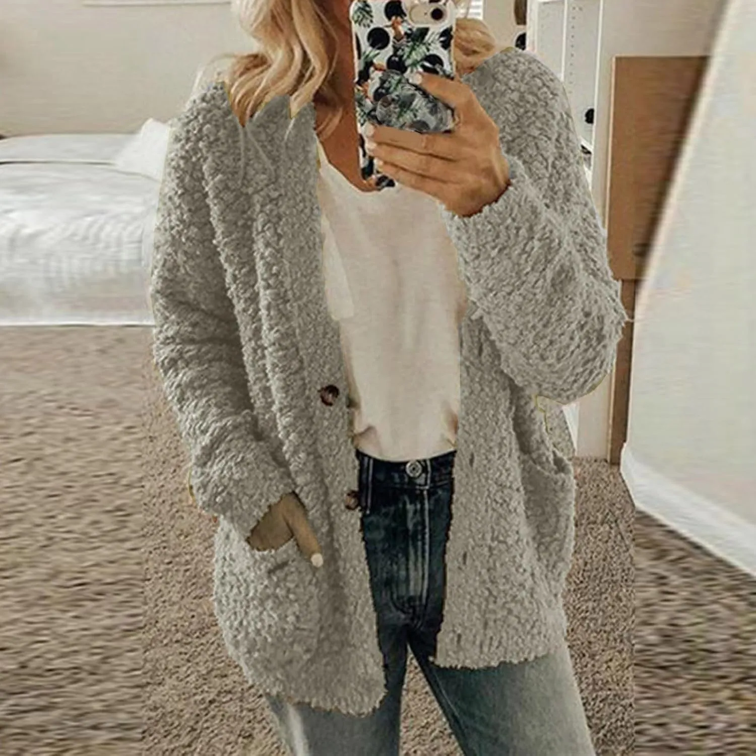 fleece jacket women Women Casual Plus Size Plush Sweater Pockets Outerwear Buttons Cardigan Coat