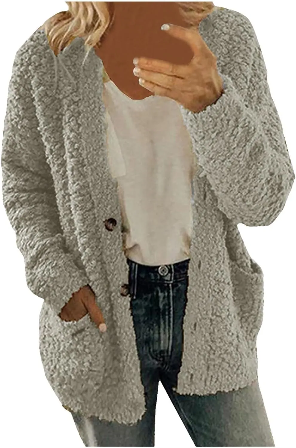 fleece jacket women Women Casual Plus Size Plush Sweater Pockets Outerwear Buttons Cardigan Coat