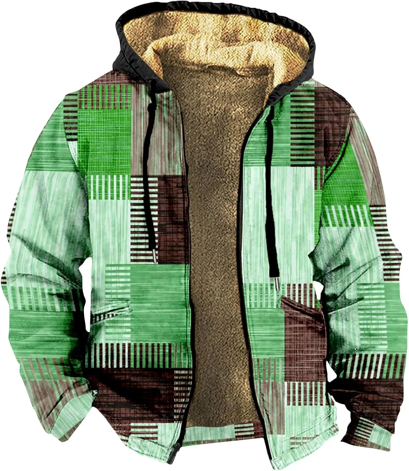 Fleece Lined Men Jackets Full Zip Up Hoodies Winter Fashion Warm Jacket with Pocket Thicken Fuzzy Coats