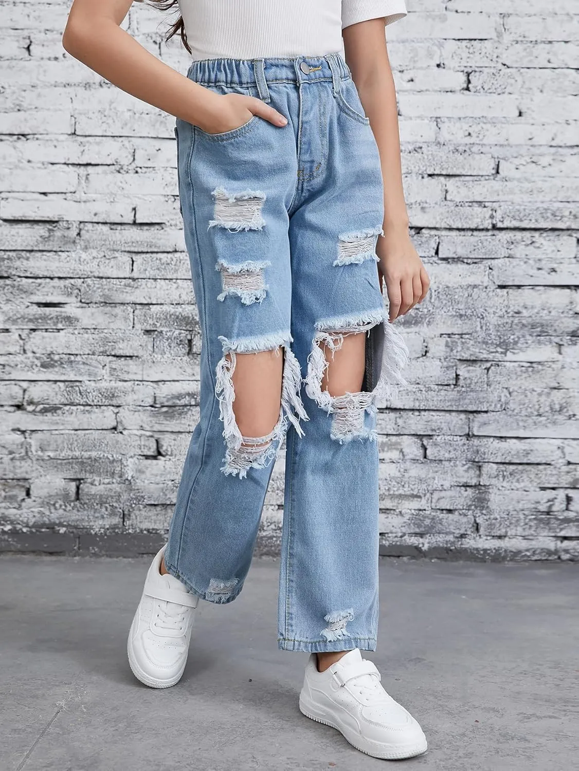 Floerns Girls Elastic Waist Distressed Ripped Straight Leg Denim Jeans