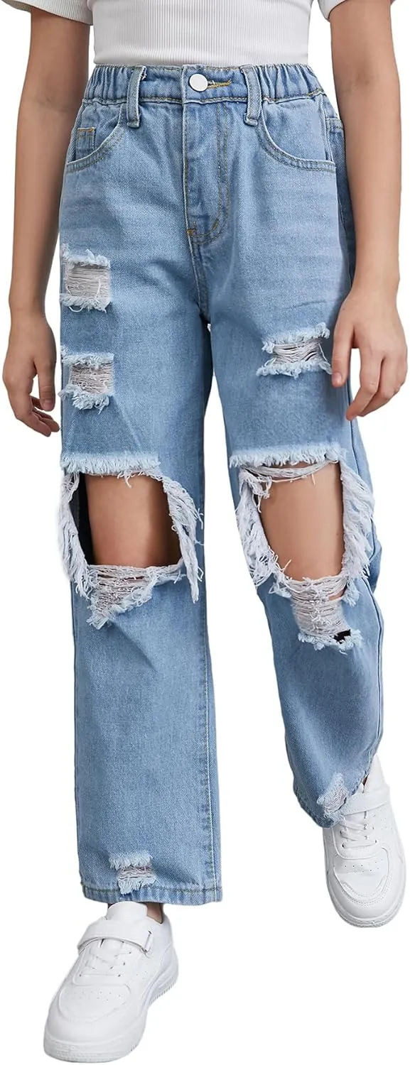 Floerns Girls Elastic Waist Distressed Ripped Straight Leg Denim Jeans