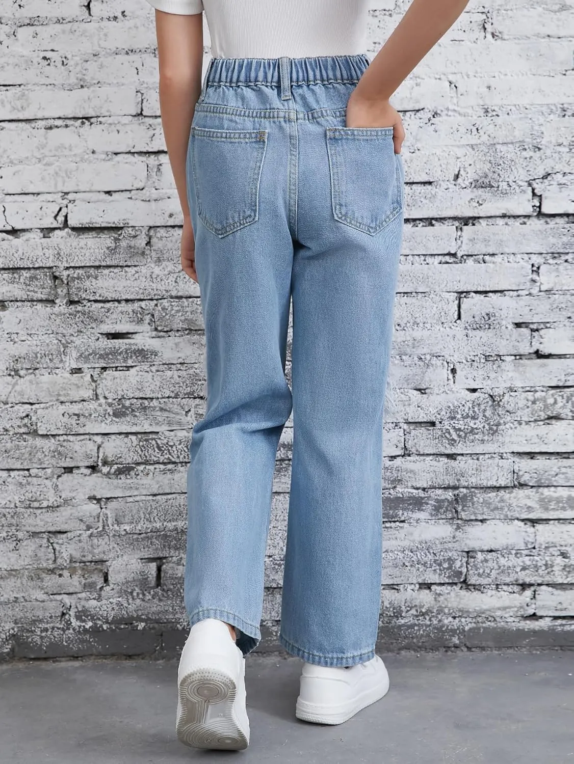 Floerns Girls Elastic Waist Distressed Ripped Straight Leg Denim Jeans