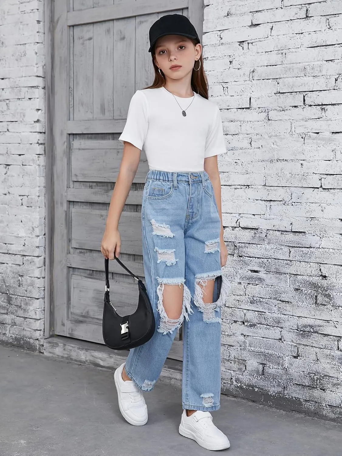 Floerns Girls Elastic Waist Distressed Ripped Straight Leg Denim Jeans
