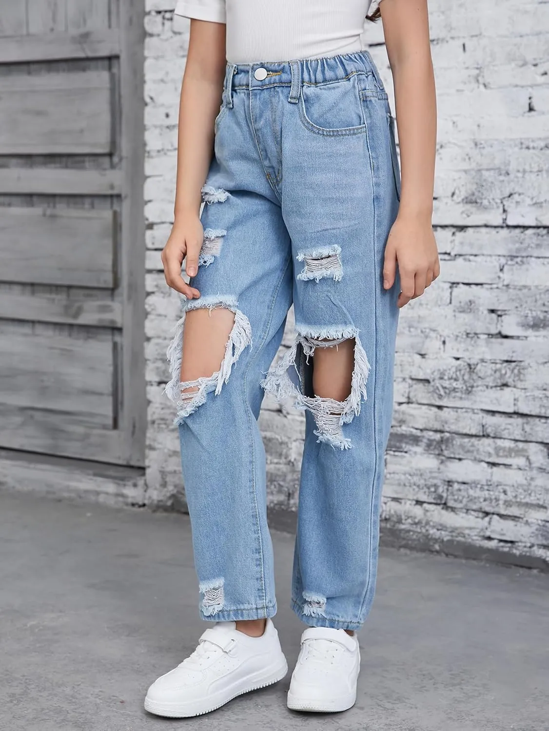 Floerns Girls Elastic Waist Distressed Ripped Straight Leg Denim Jeans