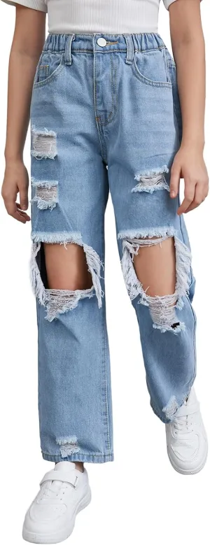 Floerns Girls Elastic Waist Distressed Ripped Straight Leg Denim Jeans