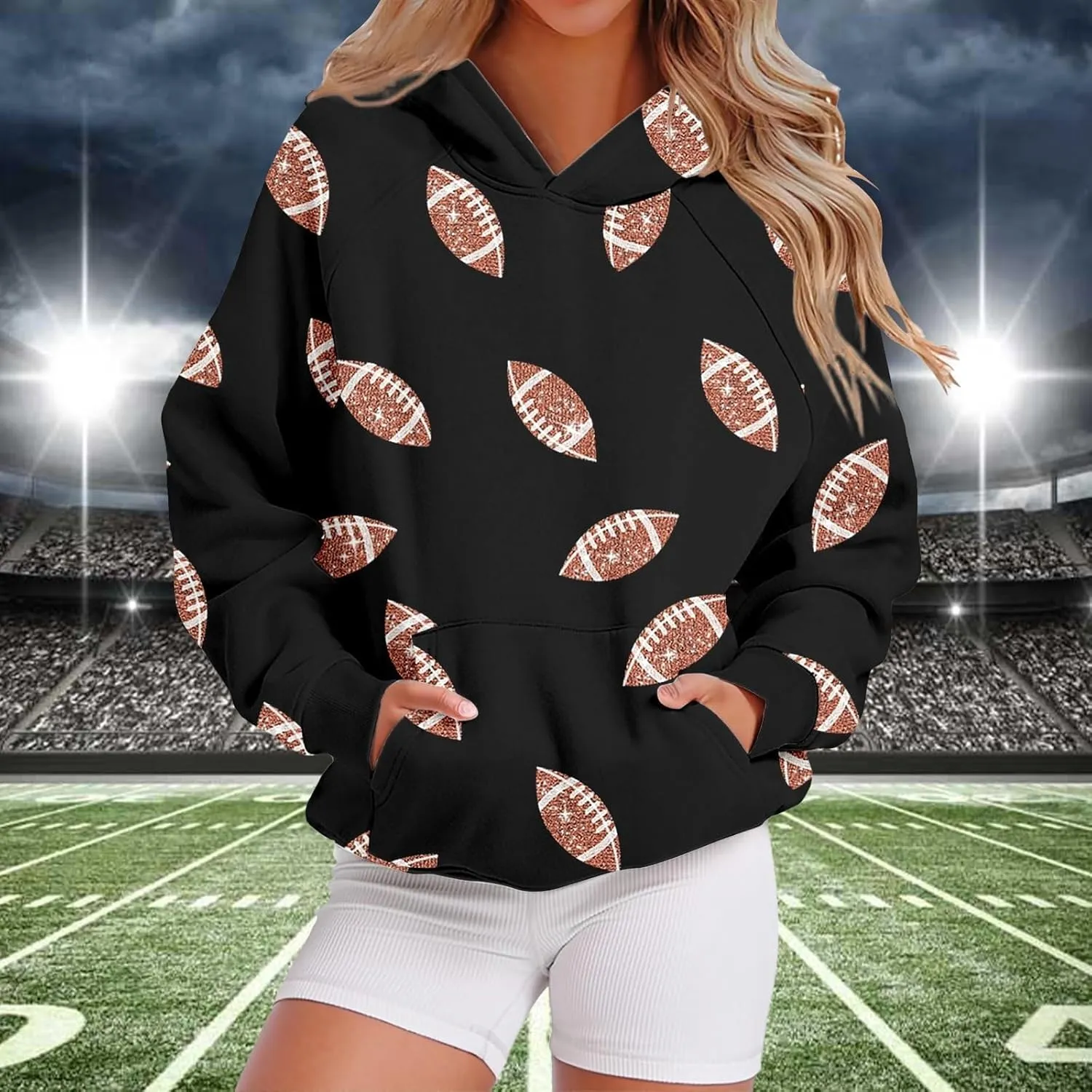 Game Day Hoodies for Women Oversized Long Sleeve Rugby Printting Hooded Sweatshirts Winter Thick Warm Pullover Tops