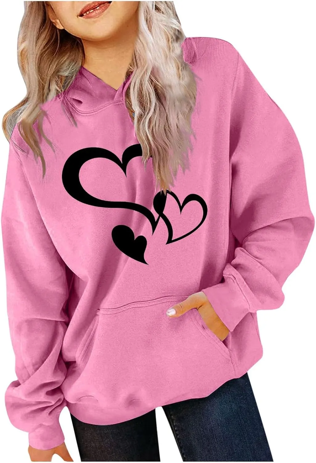 Girls Valentine Hoodies Oversized Funny Heart Print Sweatshirt Top Long Sleeve Cute Teen Girls Trendy Outfits
