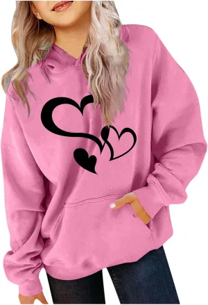 Girls Valentine Hoodies Oversized Funny Heart Print Sweatshirt Top Long Sleeve Cute Teen Girls Trendy Outfits