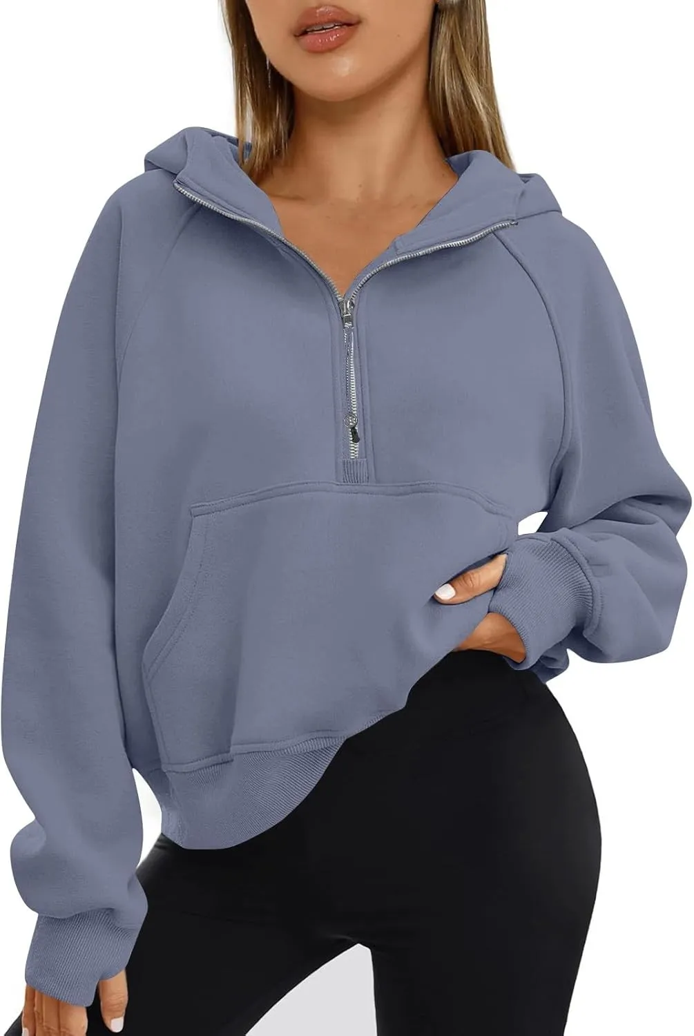 Half Zip Hoodie Women Fleece Long Sleeve Cropped Sweatshirt with Thumb Holes Casual Comfy Tunic Pullover Sweaters