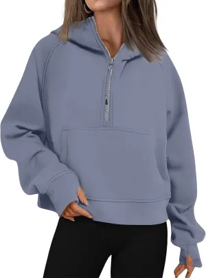 Half Zip Hoodie Women Fleece Long Sleeve Cropped Sweatshirt with Thumb Holes Casual Comfy Tunic Pullover Sweaters