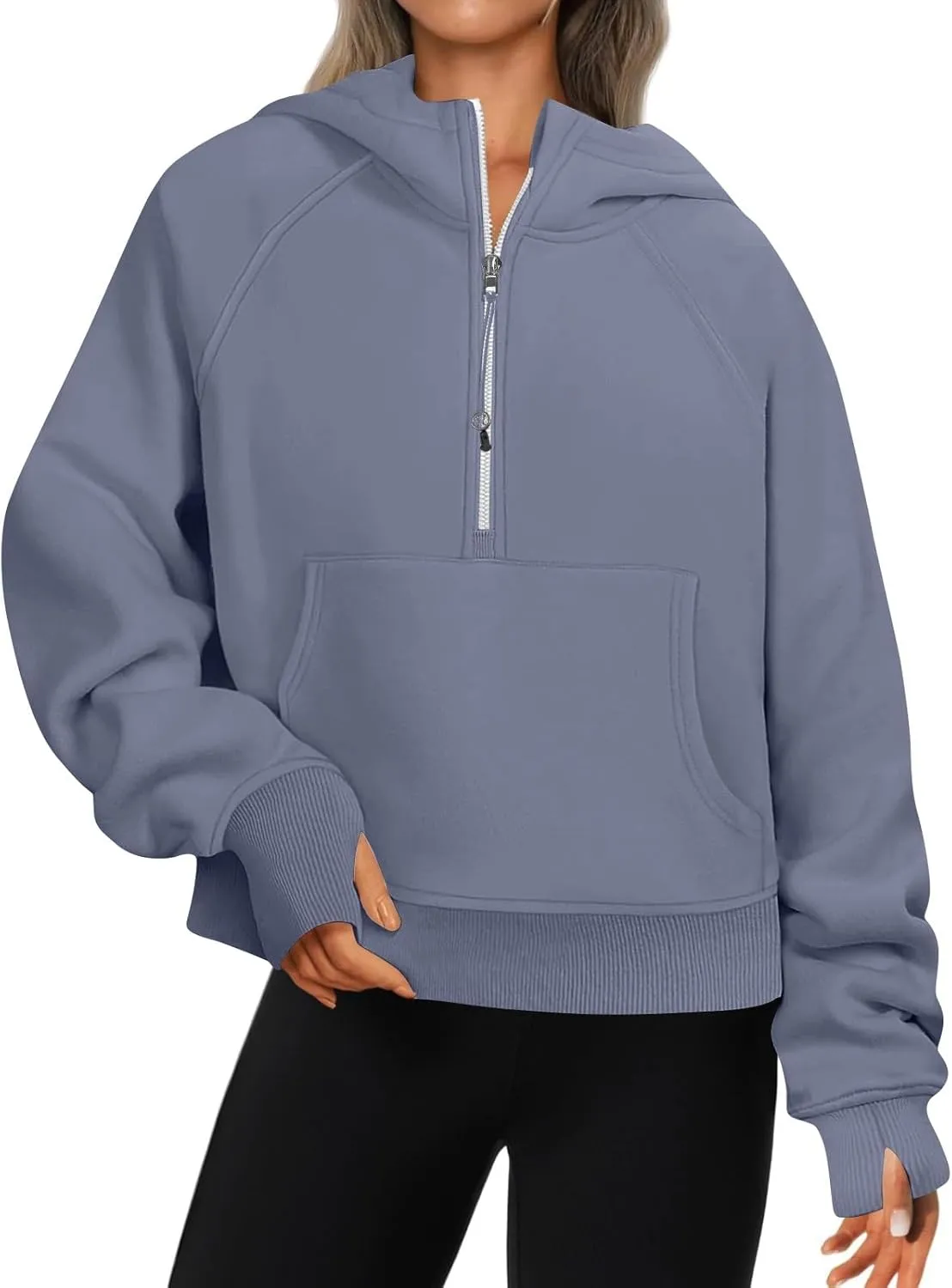 Half Zip Hoodie Women Fleece Long Sleeve Cropped Sweatshirt with Thumb Holes Casual Comfy Tunic Pullover Sweaters