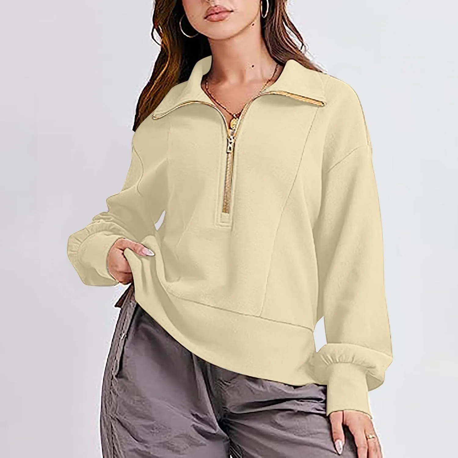 Half Zip Sweatshirts Women Loose Fit Oversized Long Sleeve Cropped Hoodie Crop Pullover Tops Fall Outfits y2k Clothes