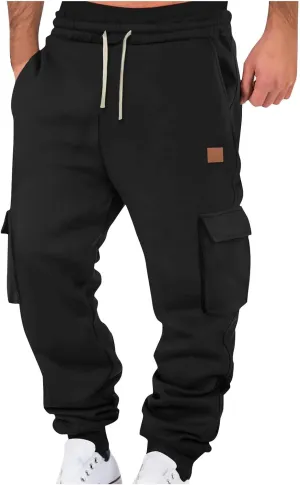 Heavyweight Cotton Cargo Sweatpants for Men Baggy Elastic Waist Drawstring Workout Jogger Pant Pockets Casual Trouser