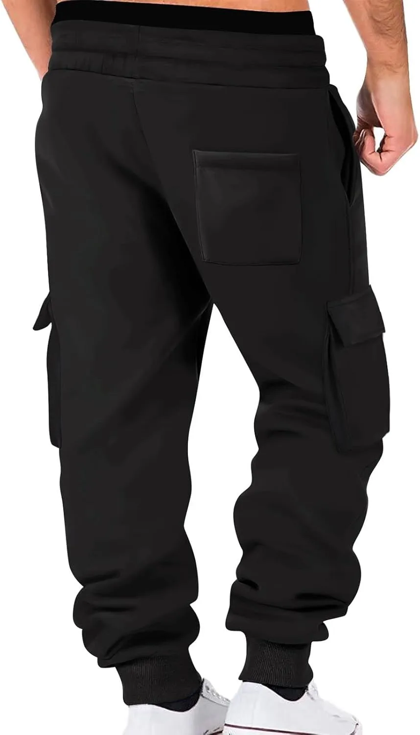 Heavyweight Cotton Cargo Sweatpants for Men Baggy Elastic Waist Drawstring Workout Jogger Pant Pockets Casual Trouser