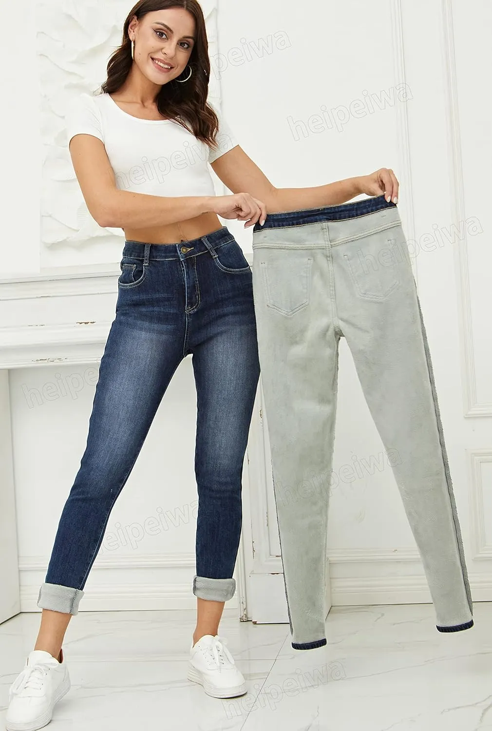 heipeiwa Women's Winter Jeans Fleece Lined Jeans Thermal Thick Skinny Denim Pants Slim Stretch Warm Jeggings