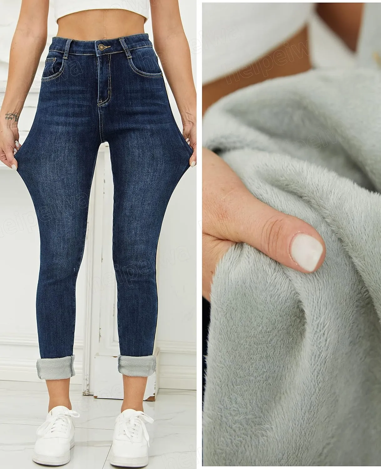 heipeiwa Women's Winter Jeans Fleece Lined Jeans Thermal Thick Skinny Denim Pants Slim Stretch Warm Jeggings