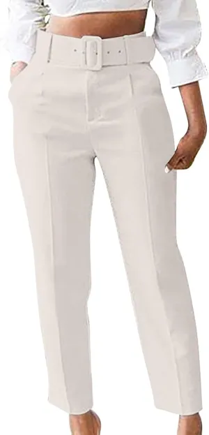 HGps8w Women's High Waisted Suit Pants with Belt Classic Fit Solid Color Straight Leg Business Work Office Dress Trousers