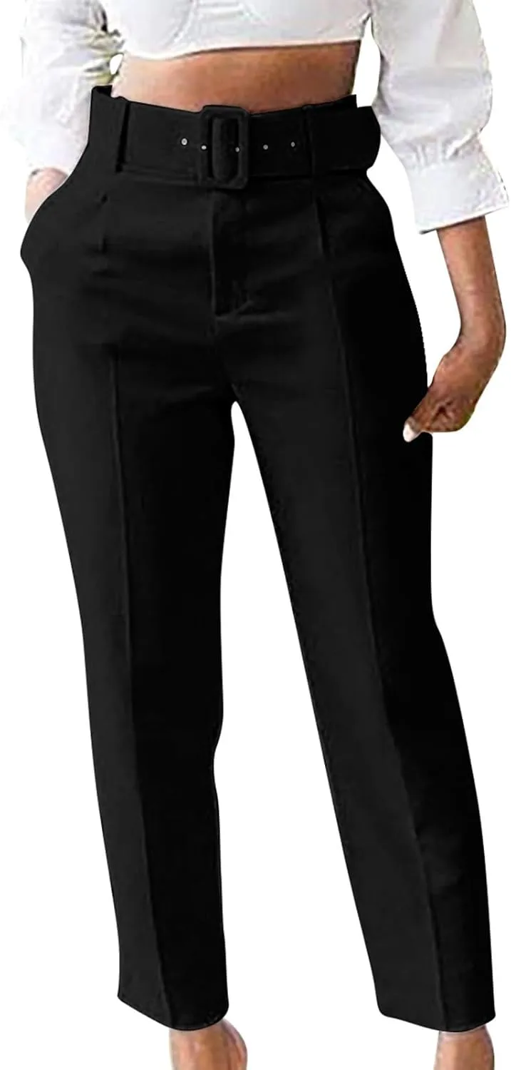 HGps8w Women's High Waisted Suit Pants with Belt Classic Fit Solid Color Straight Leg Business Work Office Dress Trousers