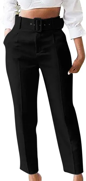 HGps8w Women's High Waisted Suit Pants with Belt Classic Fit Solid Color Straight Leg Business Work Office Dress Trousers