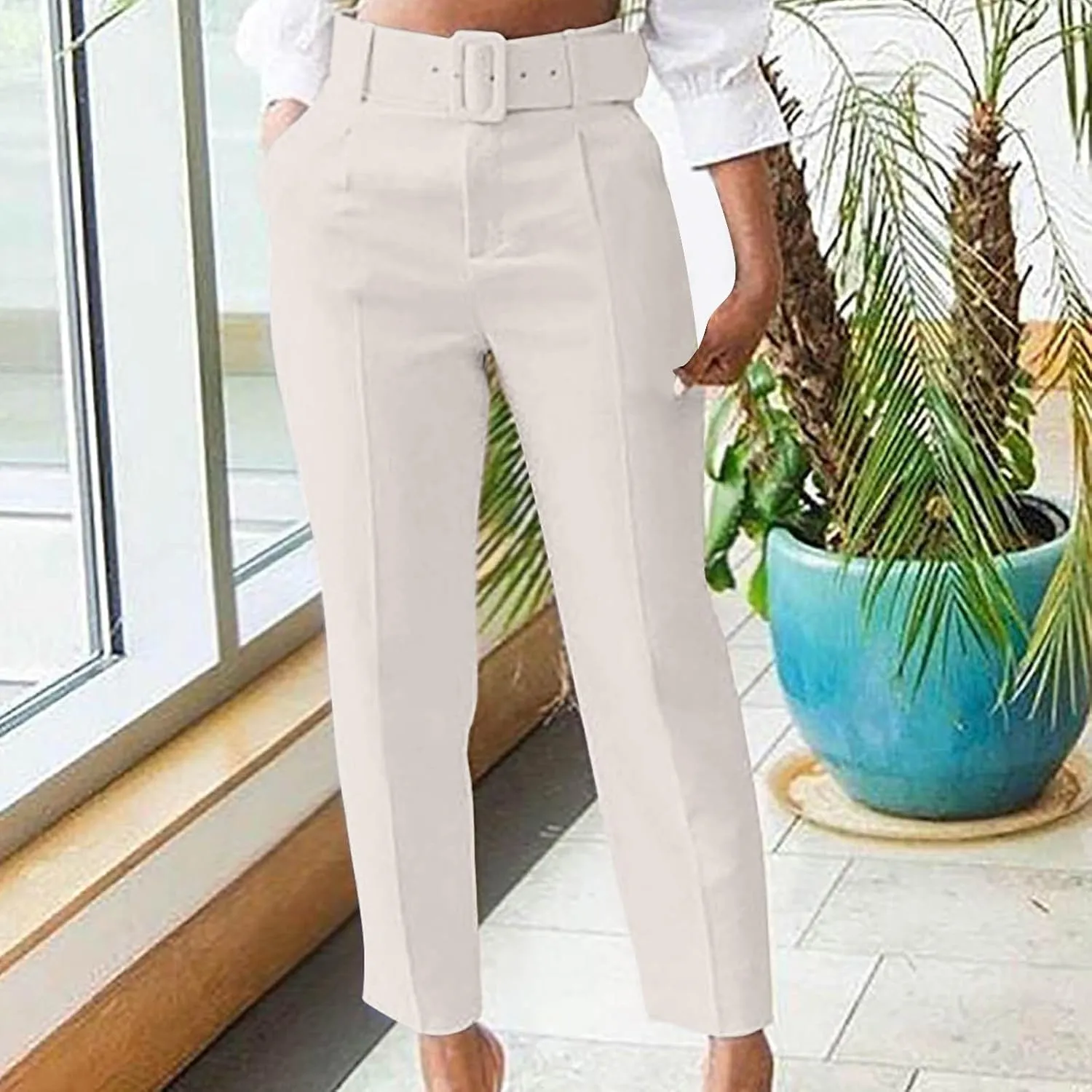 HGps8w Women's High Waisted Suit Pants with Belt Classic Fit Solid Color Straight Leg Business Work Office Dress Trousers