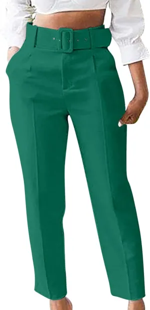 HGps8w Women's High Waisted Suit Pants with Belt Classic Fit Solid Color Straight Leg Business Work Office Dress Trousers
