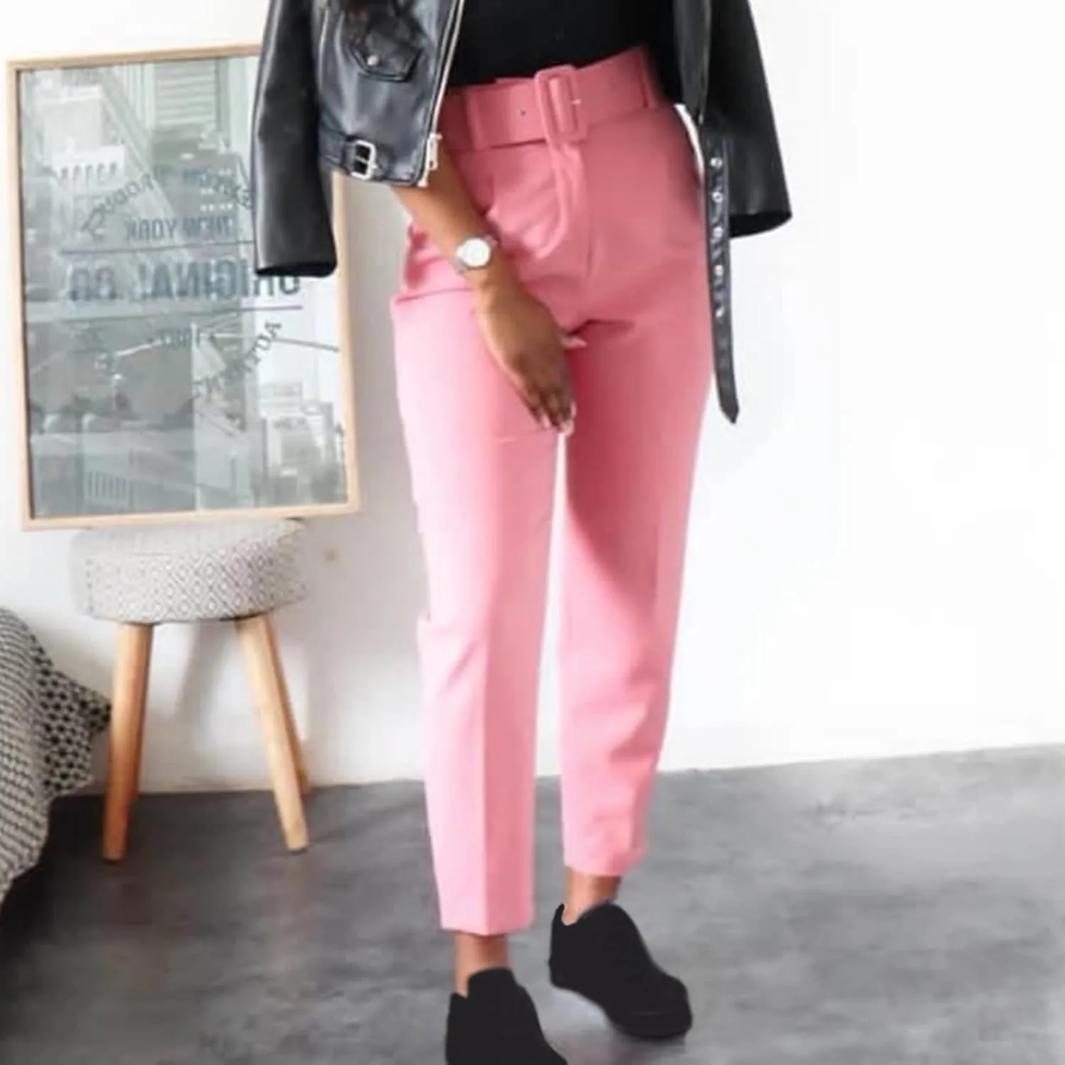 HGps8w Women's High Waisted Suit Pants with Belt Classic Fit Solid Color Straight Leg Business Work Office Dress Trousers