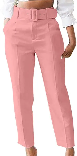 HGps8w Women's High Waisted Suit Pants with Belt Classic Fit Solid Color Straight Leg Business Work Office Dress Trousers
