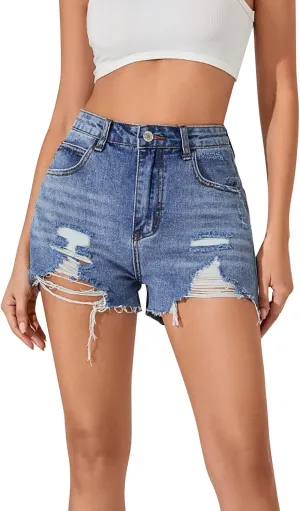 high Waisted Jean Shorts Women Floral Print Casual Stretchy Denim Shorts Trendy Summer hot Short Pants with Pockets