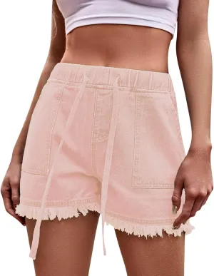 High Waisted Jean Shorts Womens 2025 Summer Drawstring Denim Straight Leg Raw Hem Jeans Shorts with Pockets