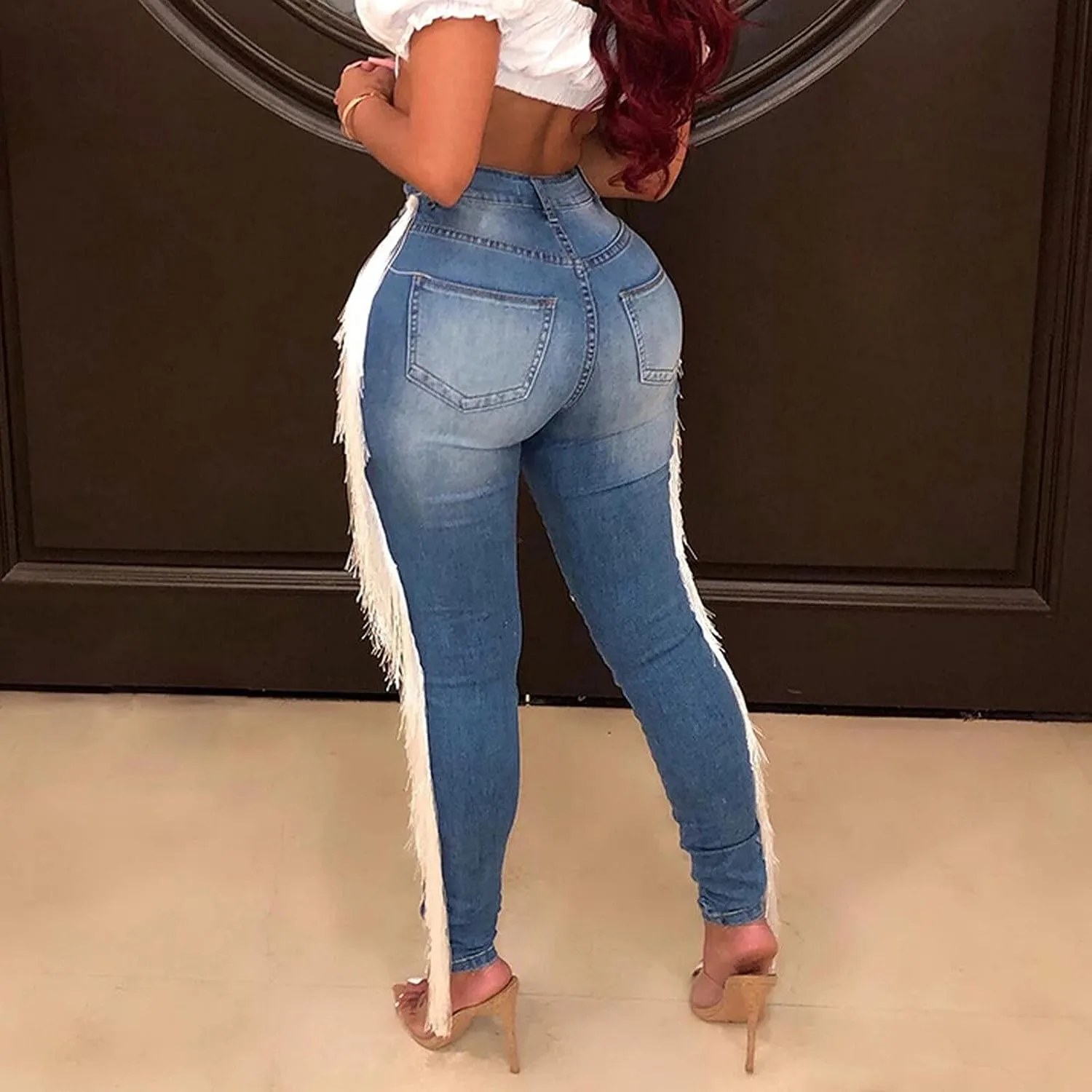 High Waisted-Rise Colored Stretch Skinny Destroyed Ripped Distressed Jeans for Women Skinny Legs Stretch Denim Pants