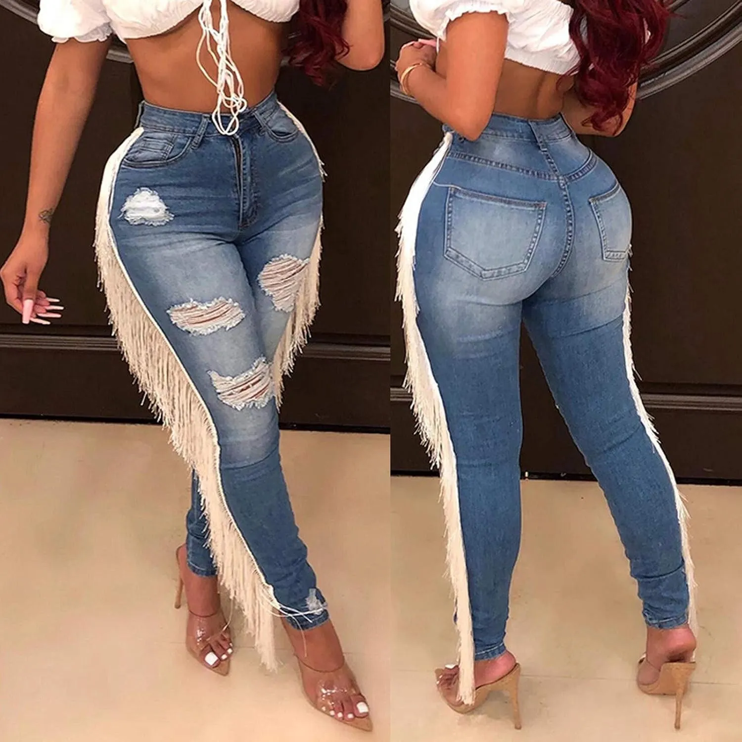 High Waisted-Rise Colored Stretch Skinny Destroyed Ripped Distressed Jeans for Women Skinny Legs Stretch Denim Pants