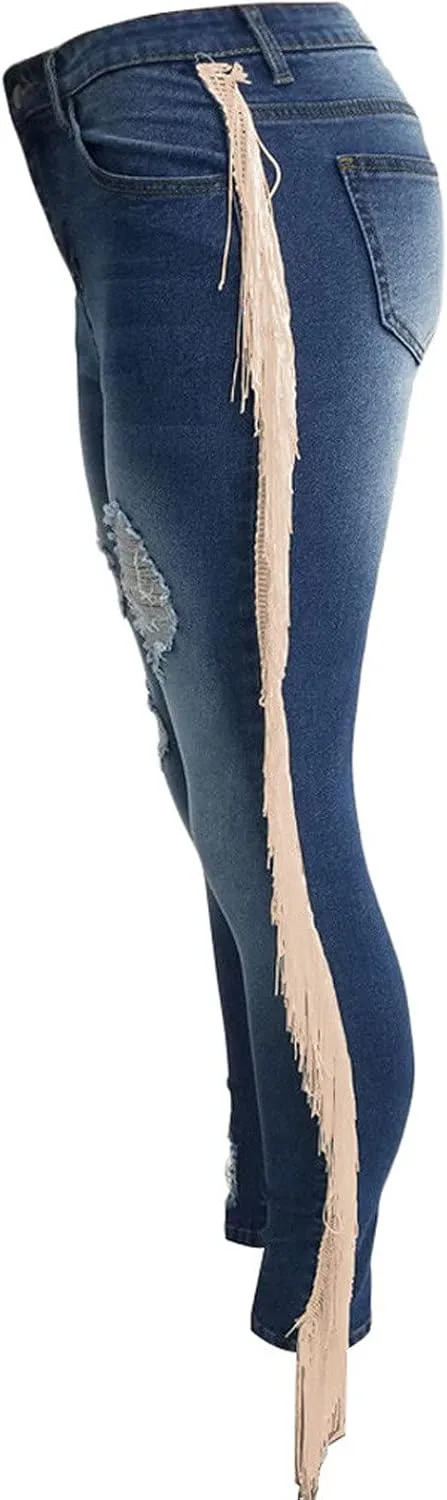 High Waisted-Rise Colored Stretch Skinny Destroyed Ripped Distressed Jeans for Women Skinny Legs Stretch Denim Pants