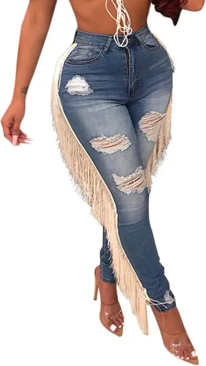 High Waisted-Rise Colored Stretch Skinny Destroyed Ripped Distressed Jeans for Women Skinny Legs Stretch Denim Pants
