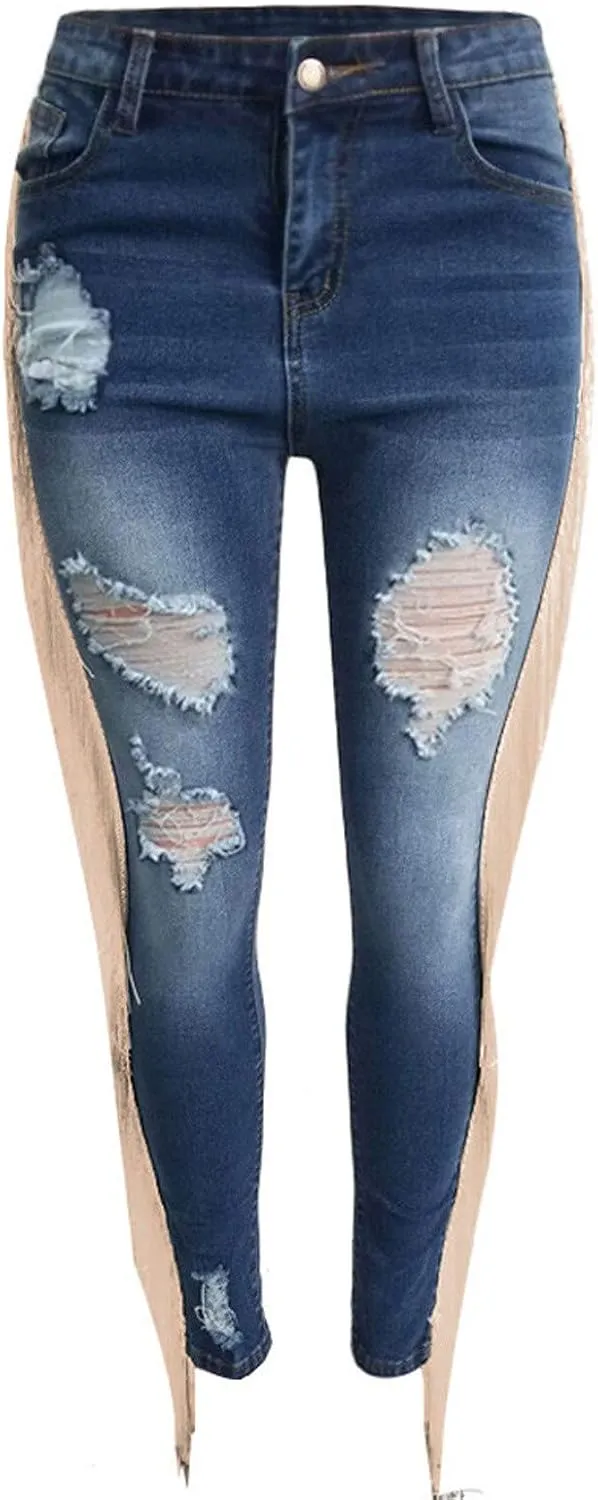 High Waisted-Rise Colored Stretch Skinny Destroyed Ripped Distressed Jeans for Women Skinny Legs Stretch Denim Pants
